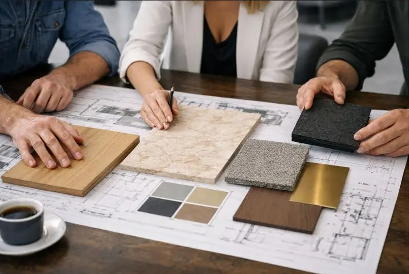 Projektanci pracują nad projektem i wybierają materiały do kuchni